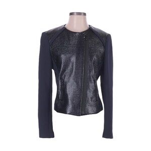 Sandro Navy Wool Blend Moto Jacket Size 40 L Faux Leather Panels Asym Zip